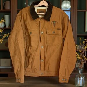 Woolrich Sherpa Lined Trucker Jacket Mens XL Tan Canvas Logo Chore Barn EUC